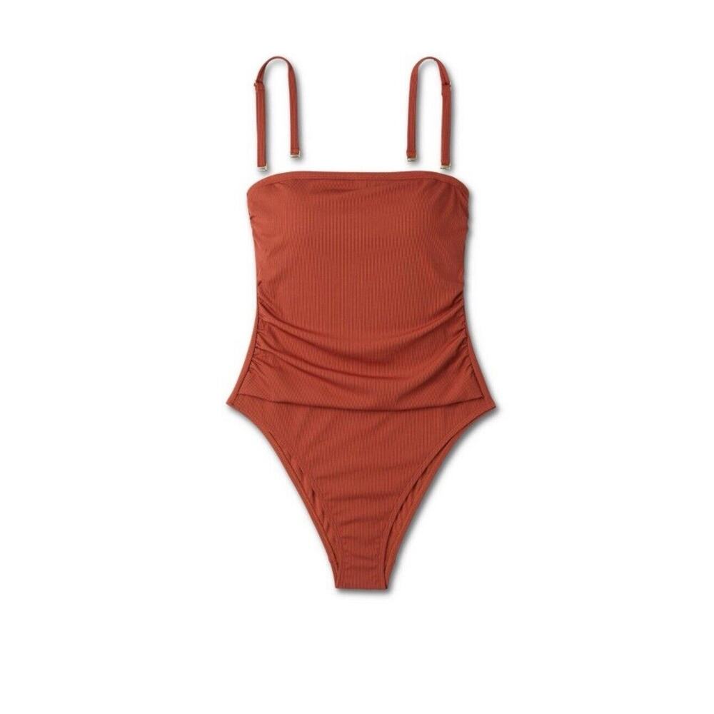 Shade & Shore Shirred Ribbed Bandeau Cheeky One Piece Swimsuit Womens X-small